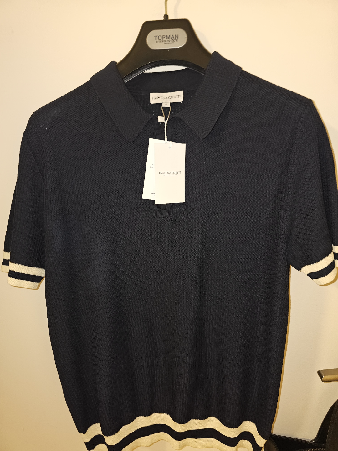 Hawes&Curtis Navy Tipped Textured Rib Knitted Cotton Polo Shirt - photo 3