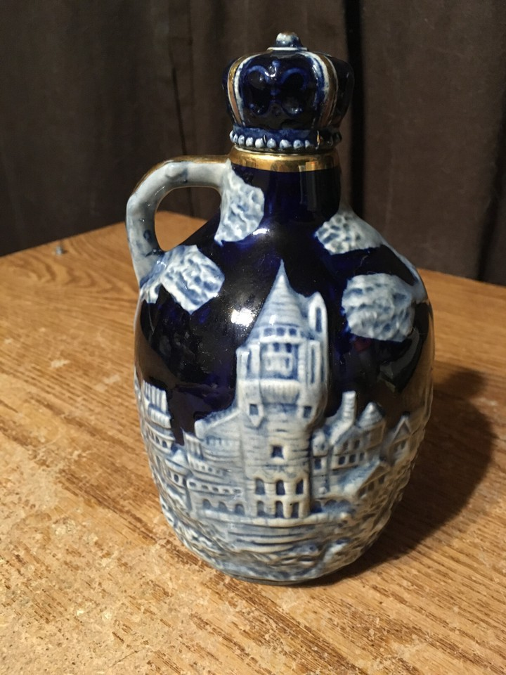 Vintage Blue & White Ceramic Cobalt Liquor Bottle Crown Cork - photo 2