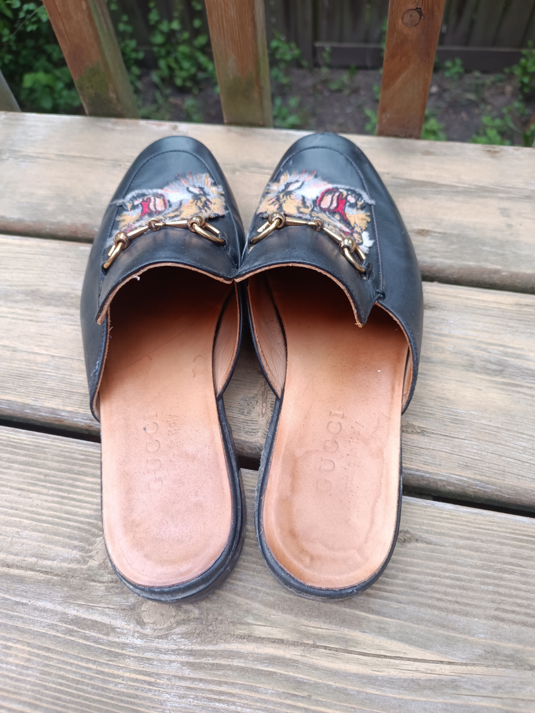 Gucci Black Leather Tiger Head Mules