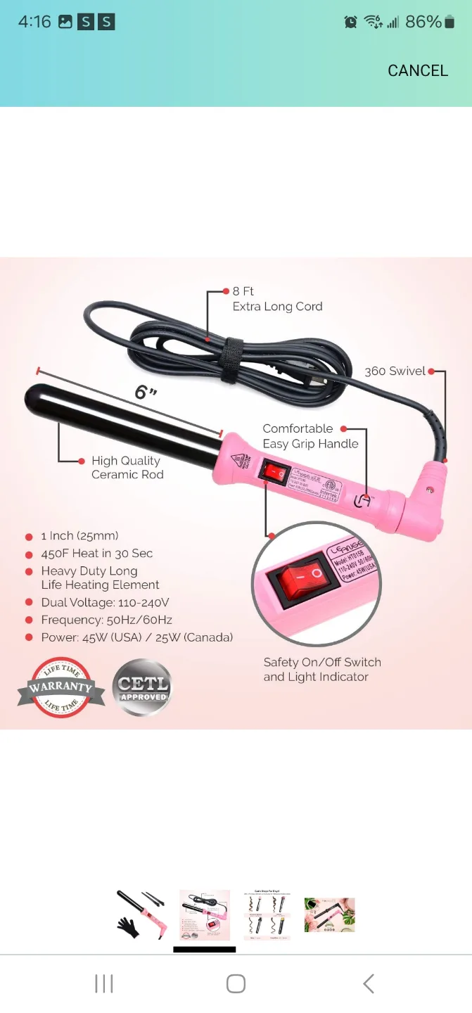 Le Angelique Curling Iron Wand (1 Inch (25mm) Pink Zebra) thumbnail