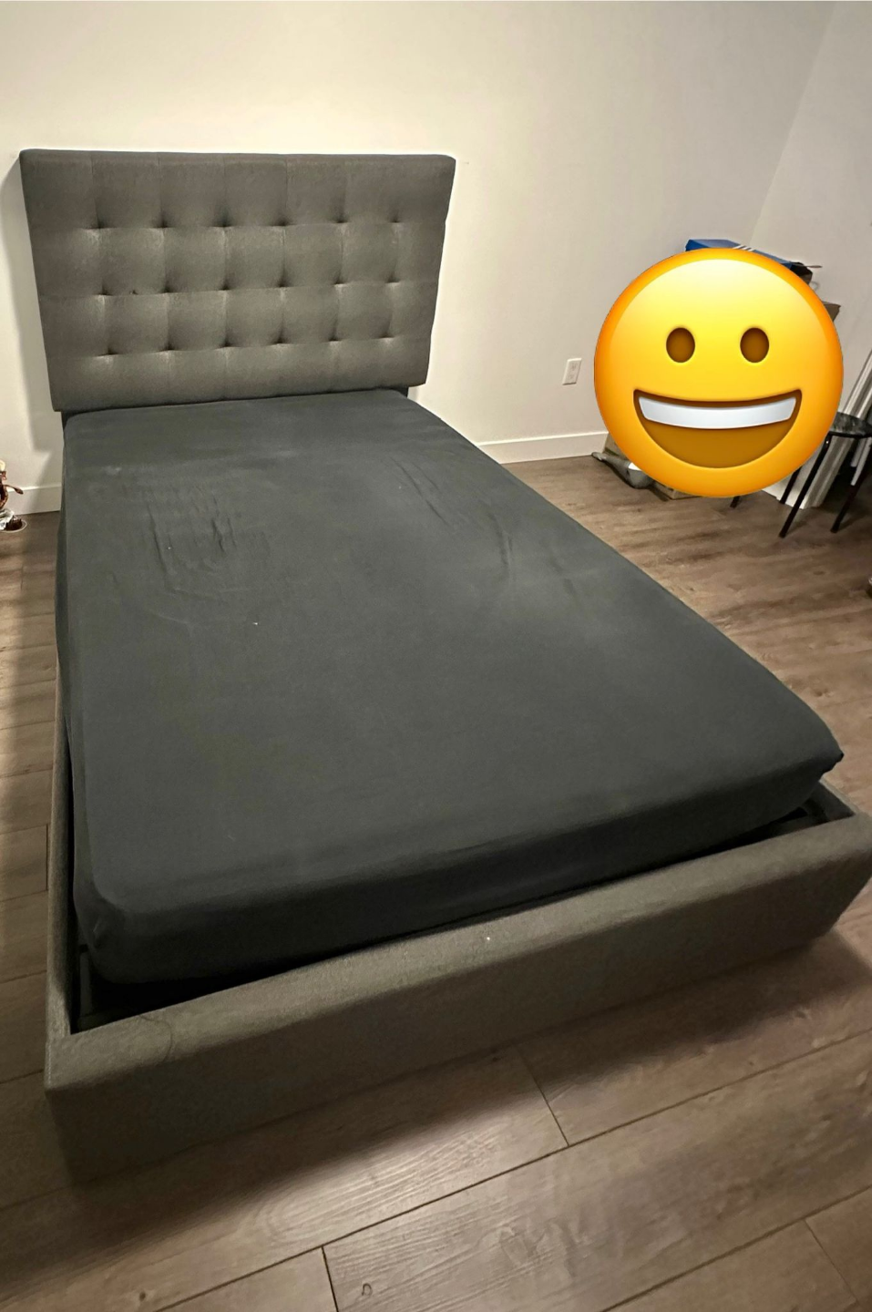 Full Size Bed with Grey Upholstered Frame and Hydraulic Lift