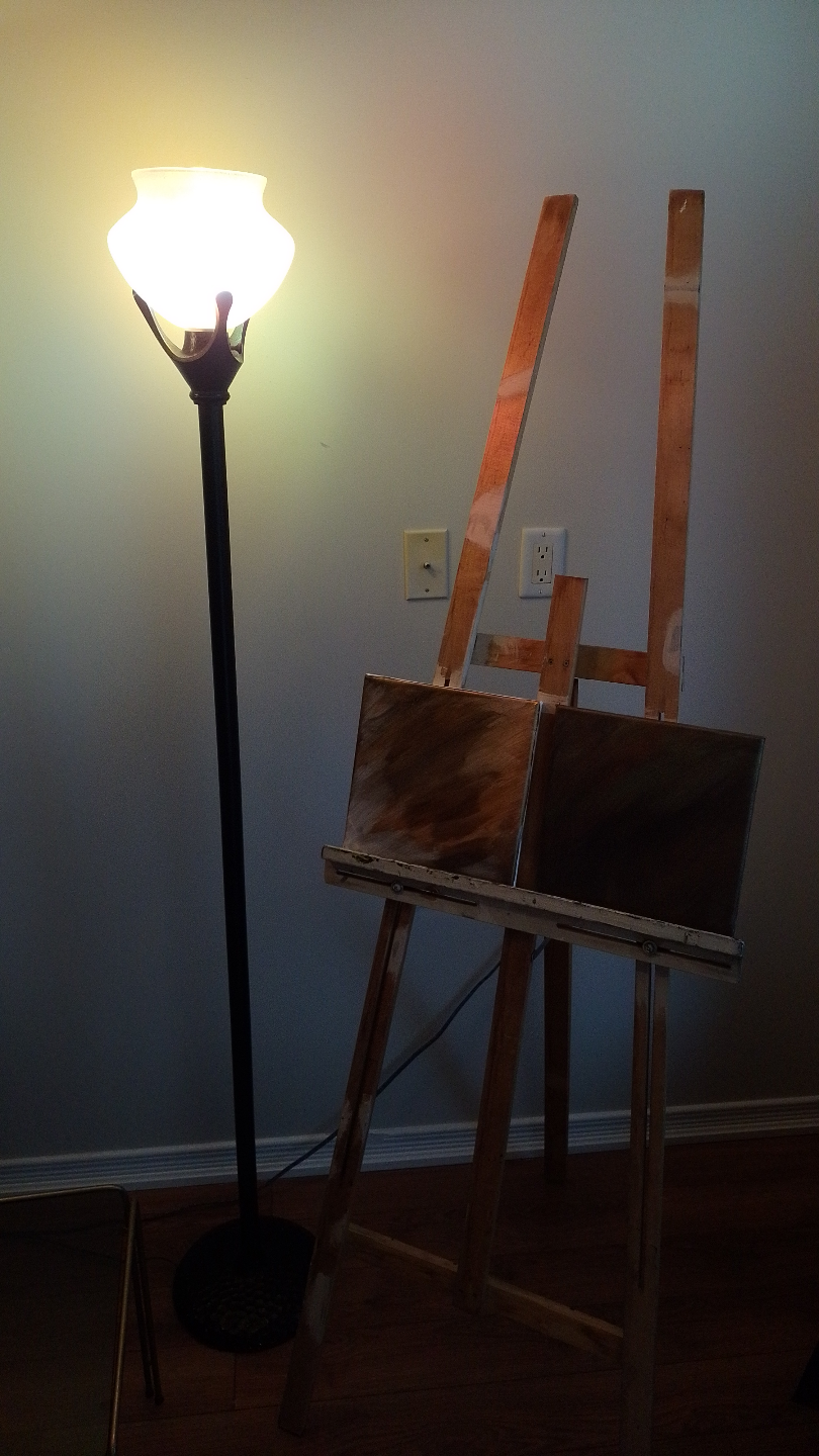 Vintage Floor Lamp with Stained Glass Vase-Like Shade