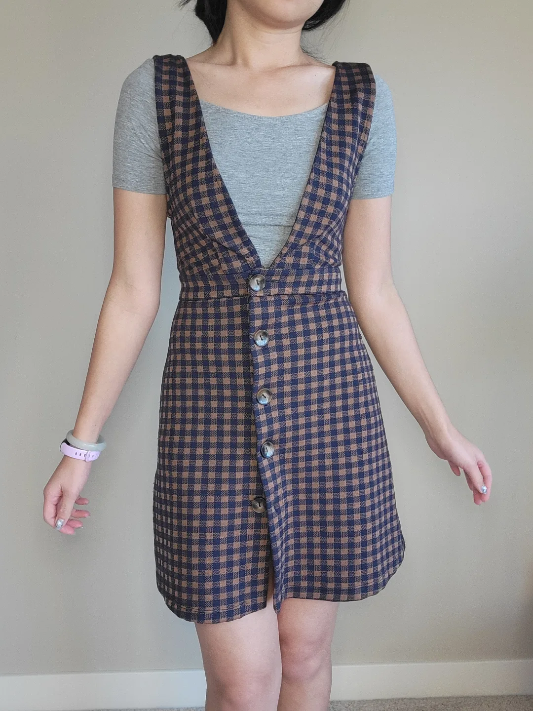 Top Shop Brown and Black Gingham Button-Down Jumper Dress thumbnail