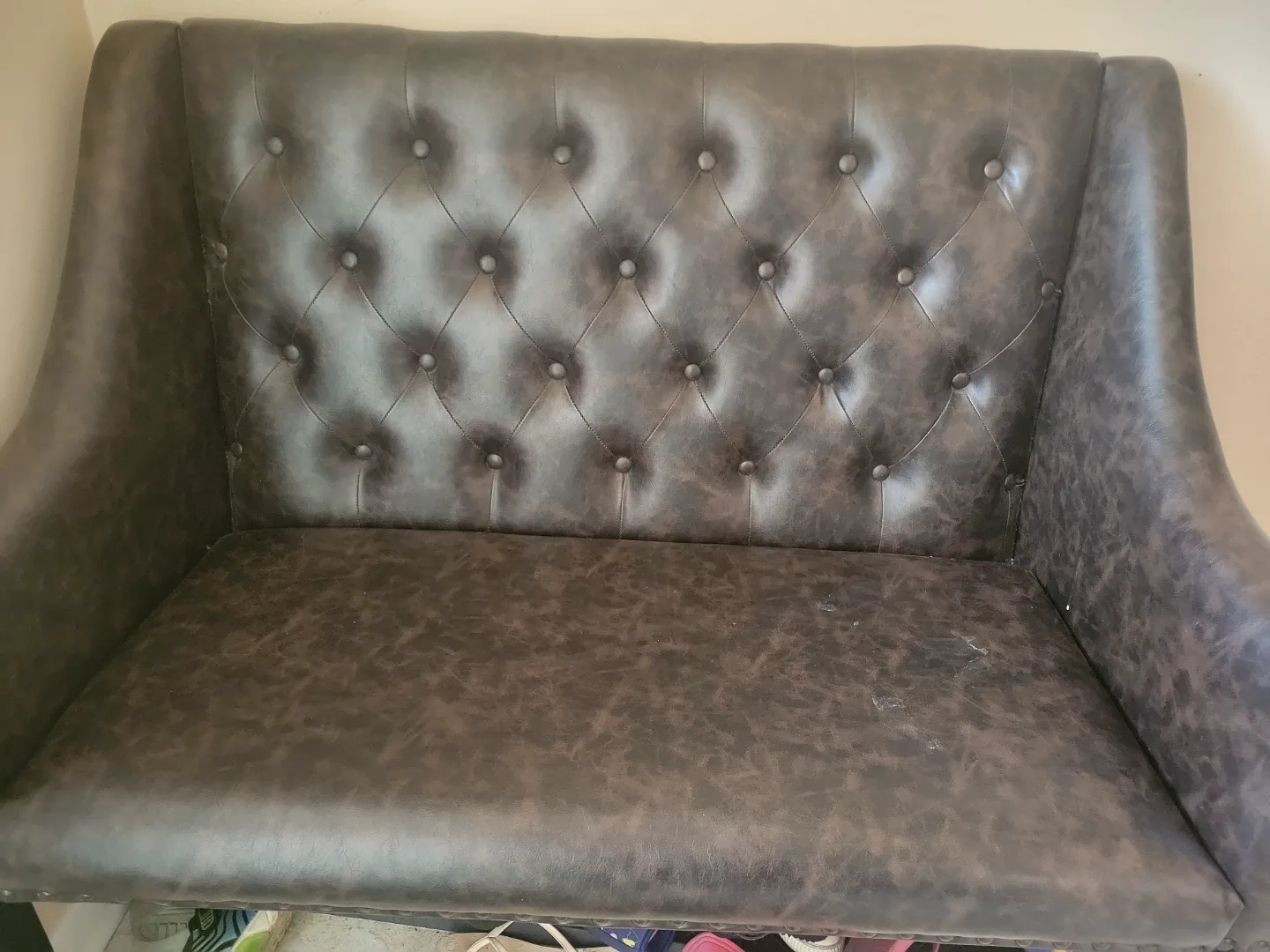 Dark Brown Faux Leather Button Tufted Love Seat thumbnail
