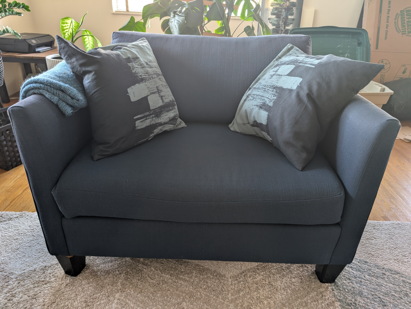 Dark Blue Loveseat with Throw Pillows