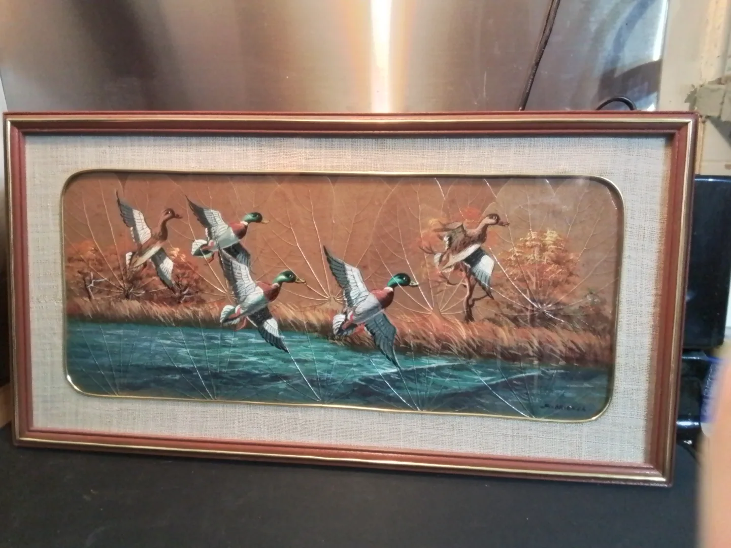 Vintage Framed Leaf Art Print - Ducks in Flight thumbnail