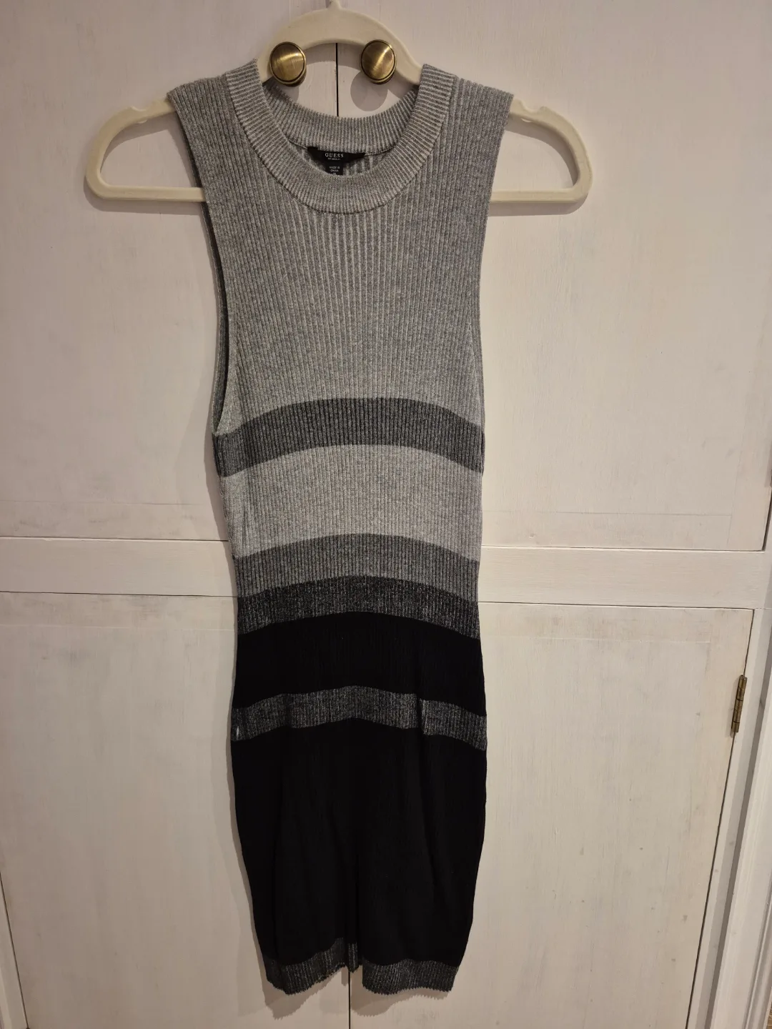 GUESS Grey and Black Striped Sleeveless Knit Mini Dress Size M thumbnail