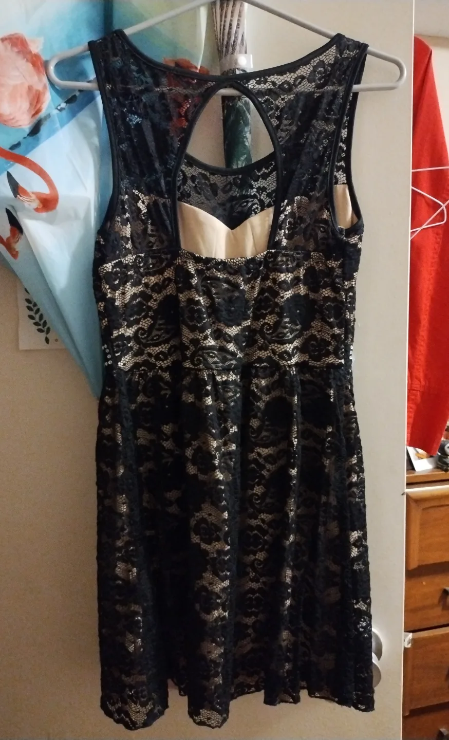 Black and Beige Lace Dress with Rhinestone Belt image indicator(2)