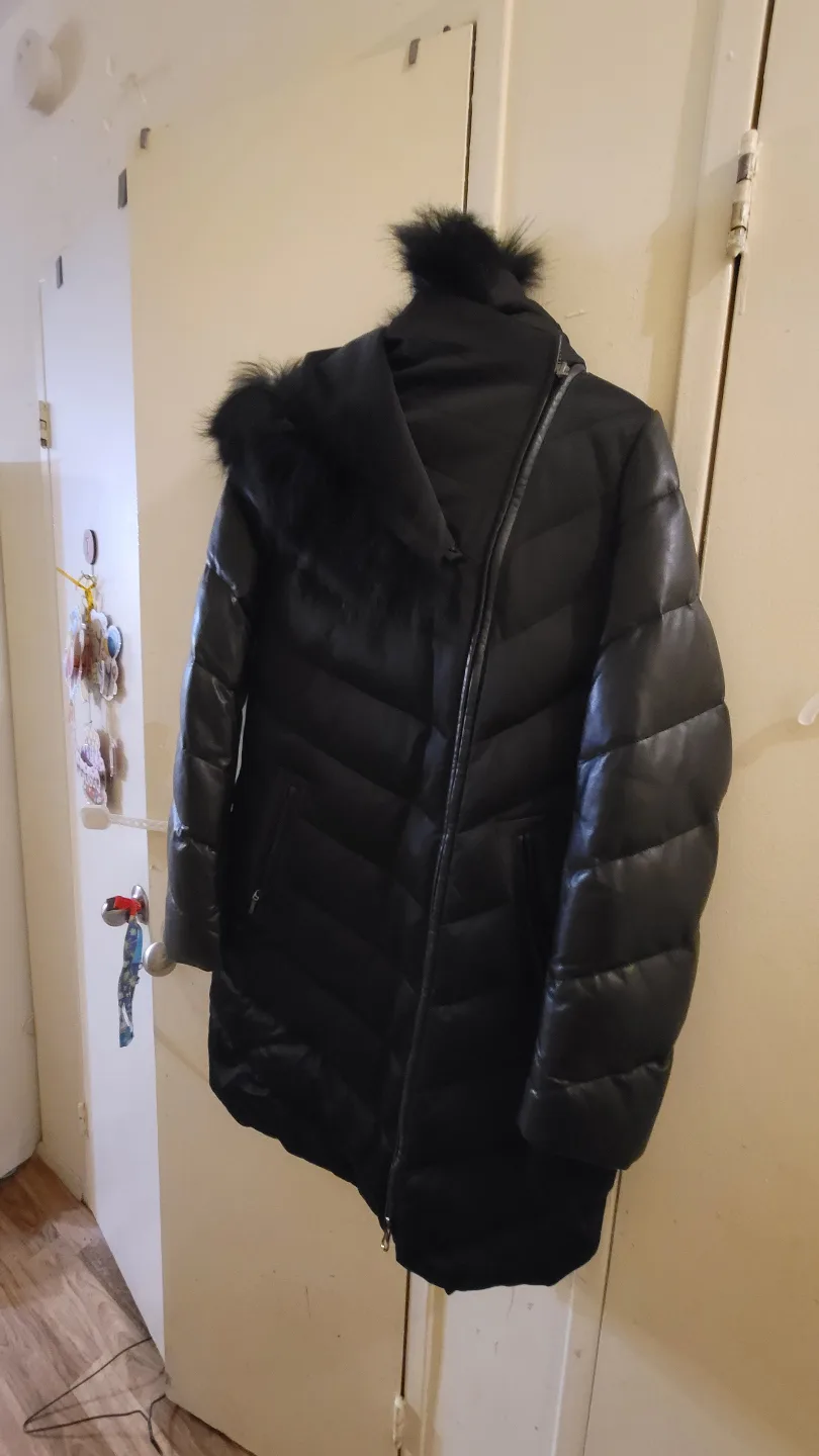 Black Leather Puffer Jacket with Fur Trimmed Hood image indicator(2)