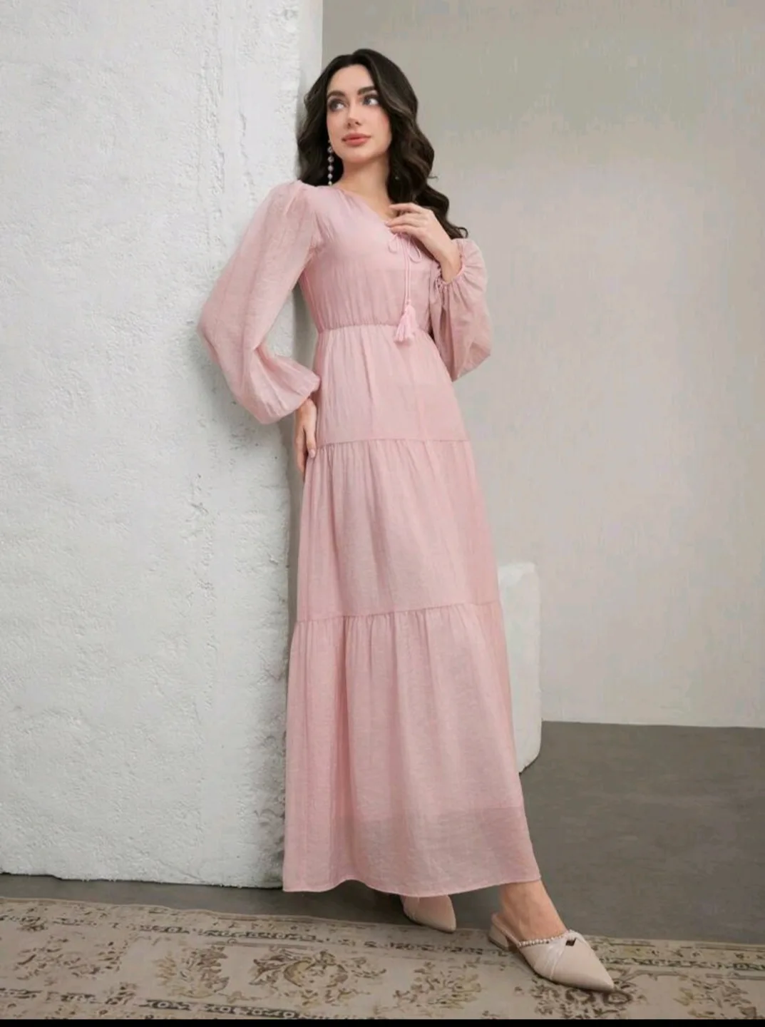 Pink tiered maxi dress with long sleeves thumbnail