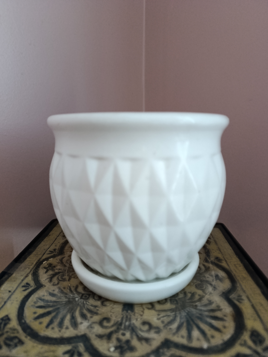 White Ceramic Planter with Geometric Design