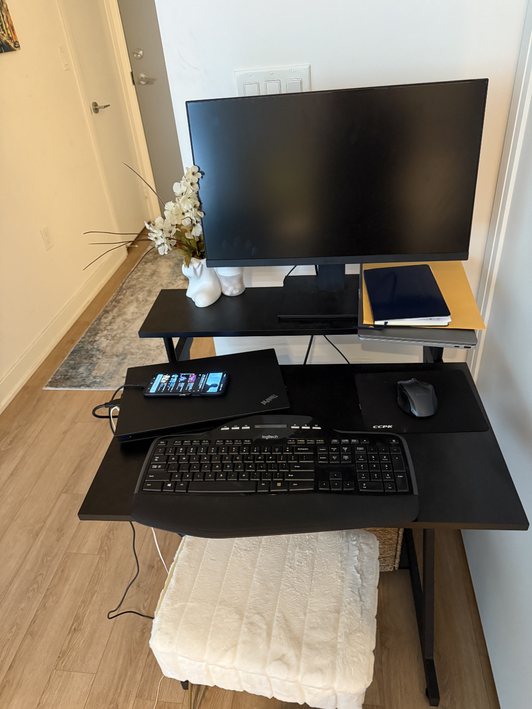 Black Computer Desk Setup with Accessories