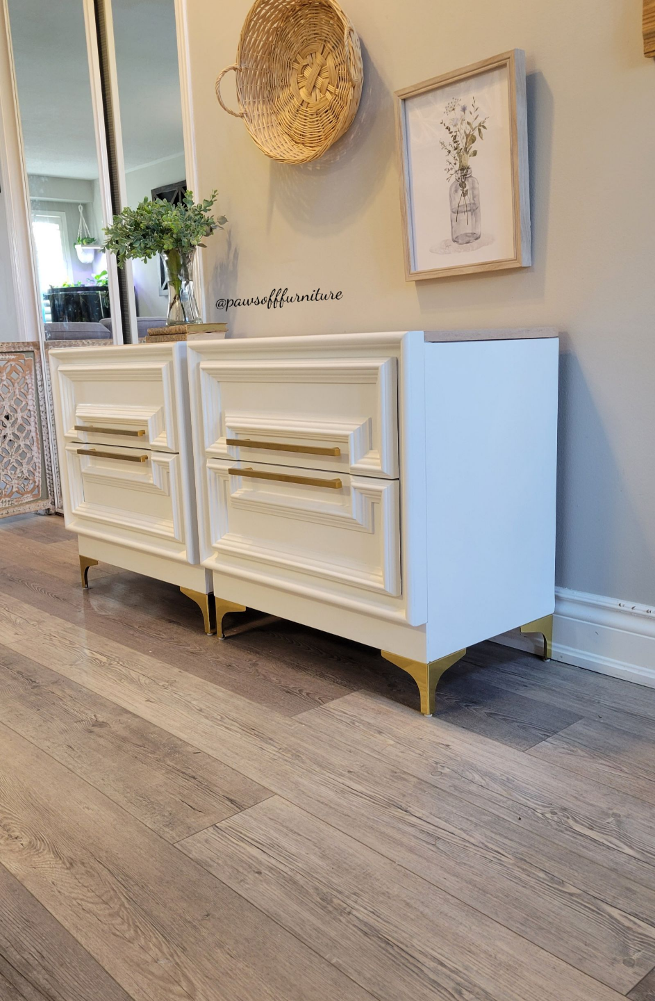 Pair of White Nightstands with Gold Hardware