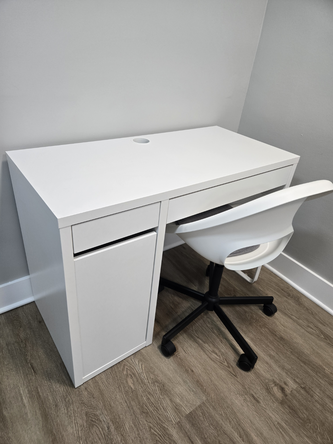White IKEA Desk with Drawer and Shelves & Chair