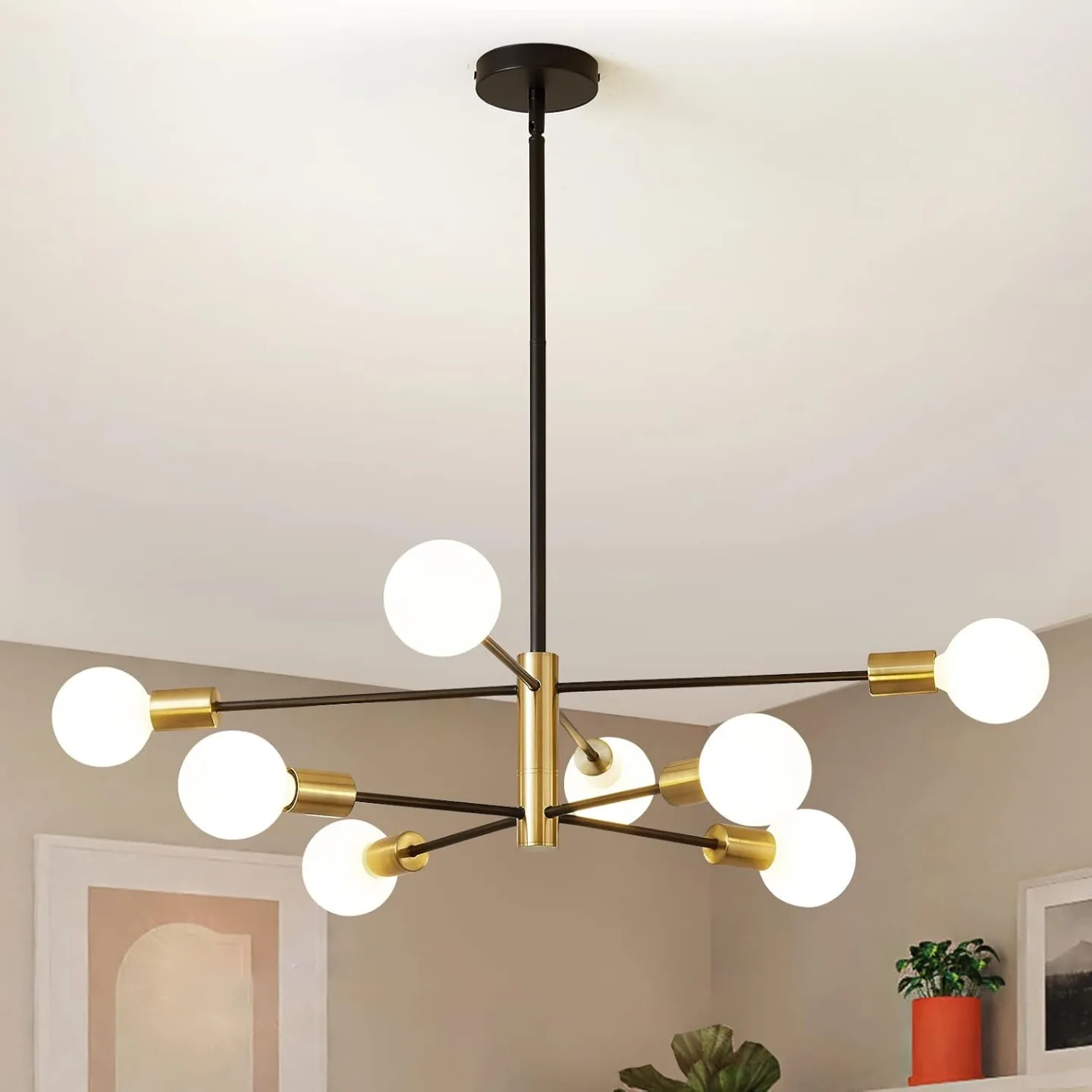 RUIYEY 8-Light Modern Sputnik Gold and Black Chandelier NEW thumbnail