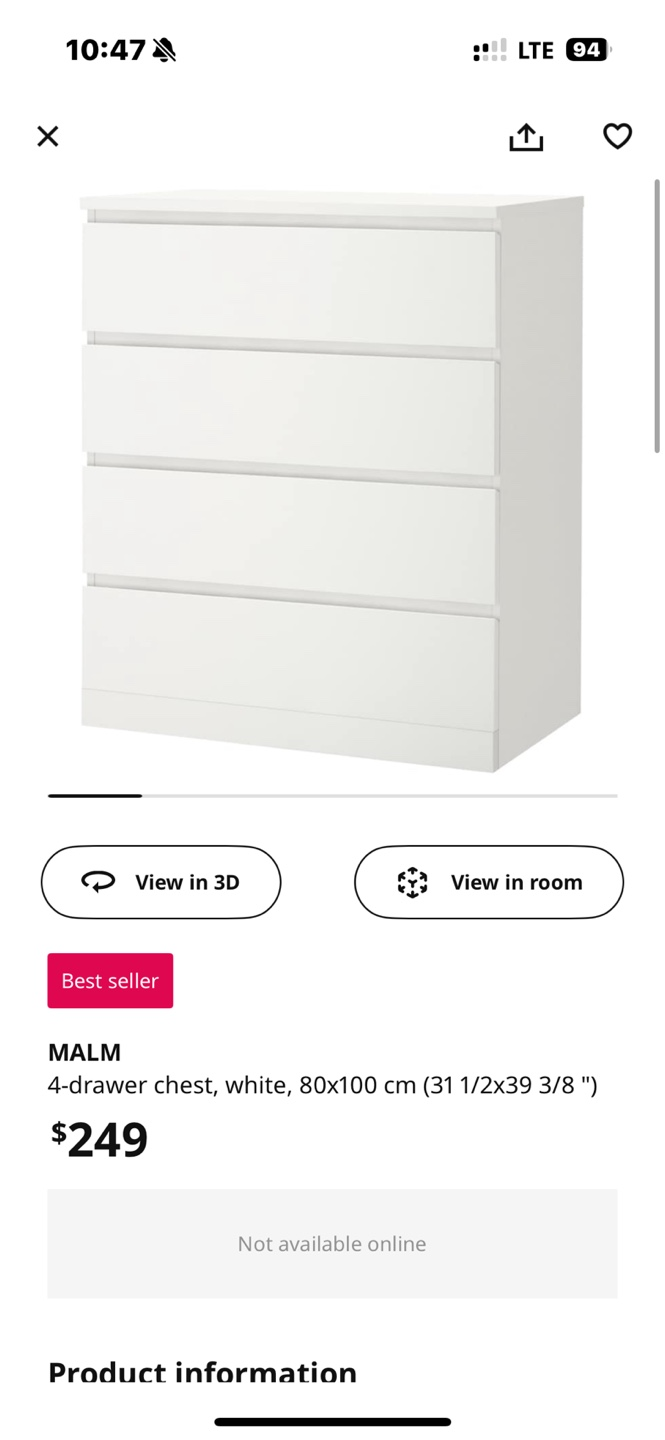 IKEA MALM 4-Drawer Chest - White - photo 3