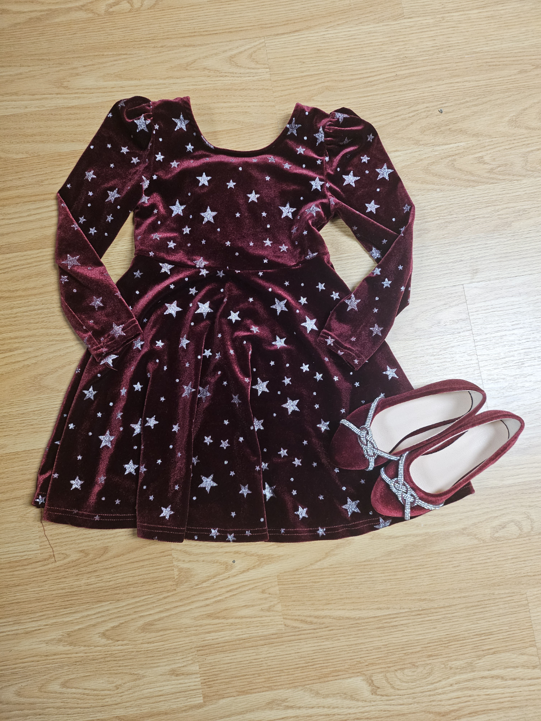 Girls' Maroon Velvet Star Dress and Shoes