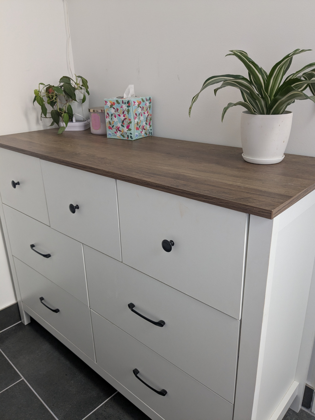 White 6-Drawer Dresser with Walnut Top