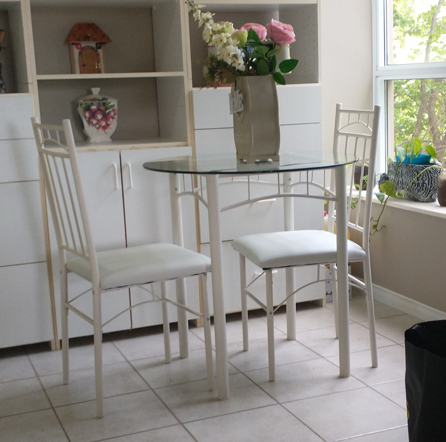 White Metal Kitchen Table and Two Chairs Set
