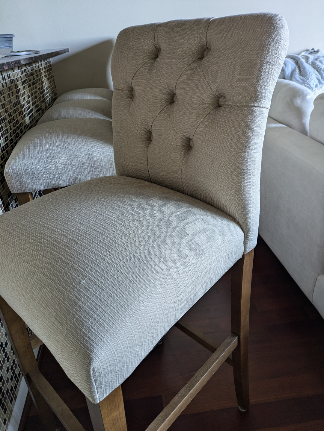 Pair of Beige Upholstered Bar Stools