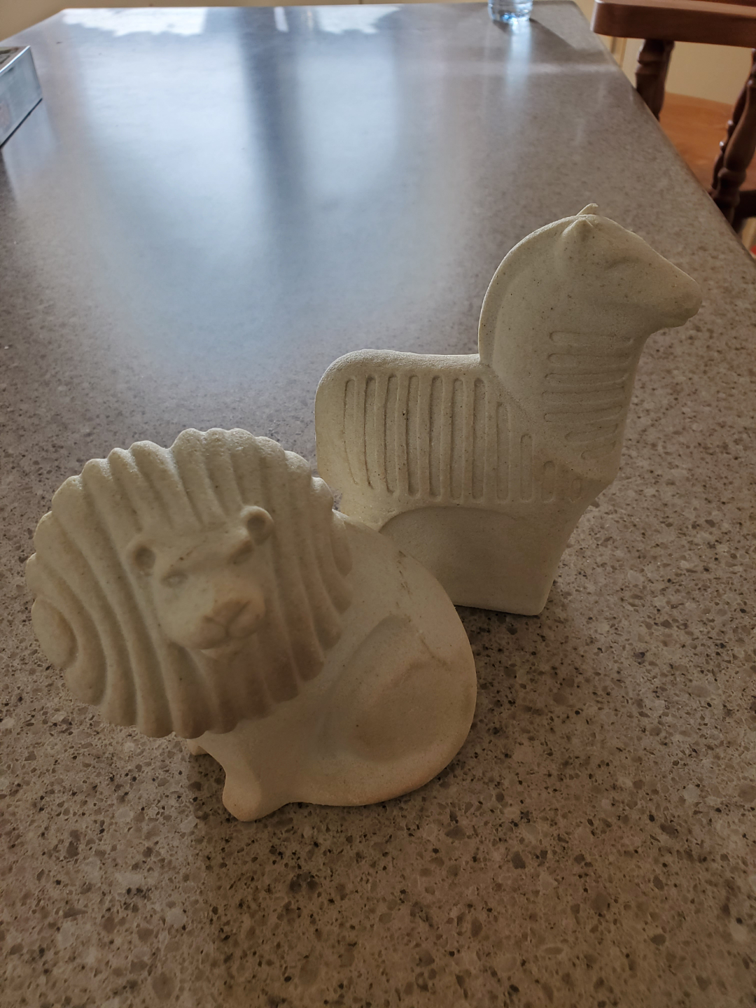 Pair of Stone Carved Lion and Horse Figurines
