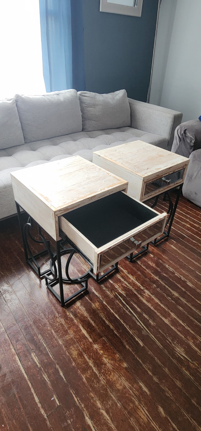 Pair of Beige Wood End Tables with Mirrored Drawers - photo 3
