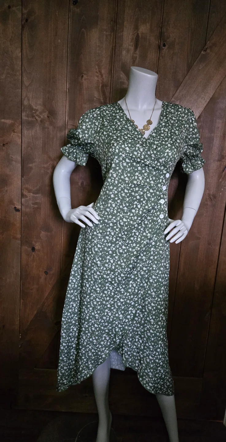 Olive Green Floral Wrap Dress thumbnail