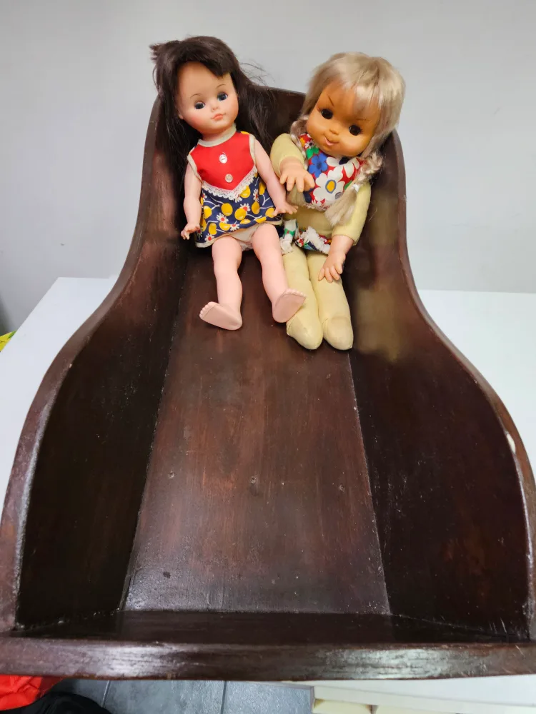 Vintage Wooden Doll bed with Two Dolls thumbnail