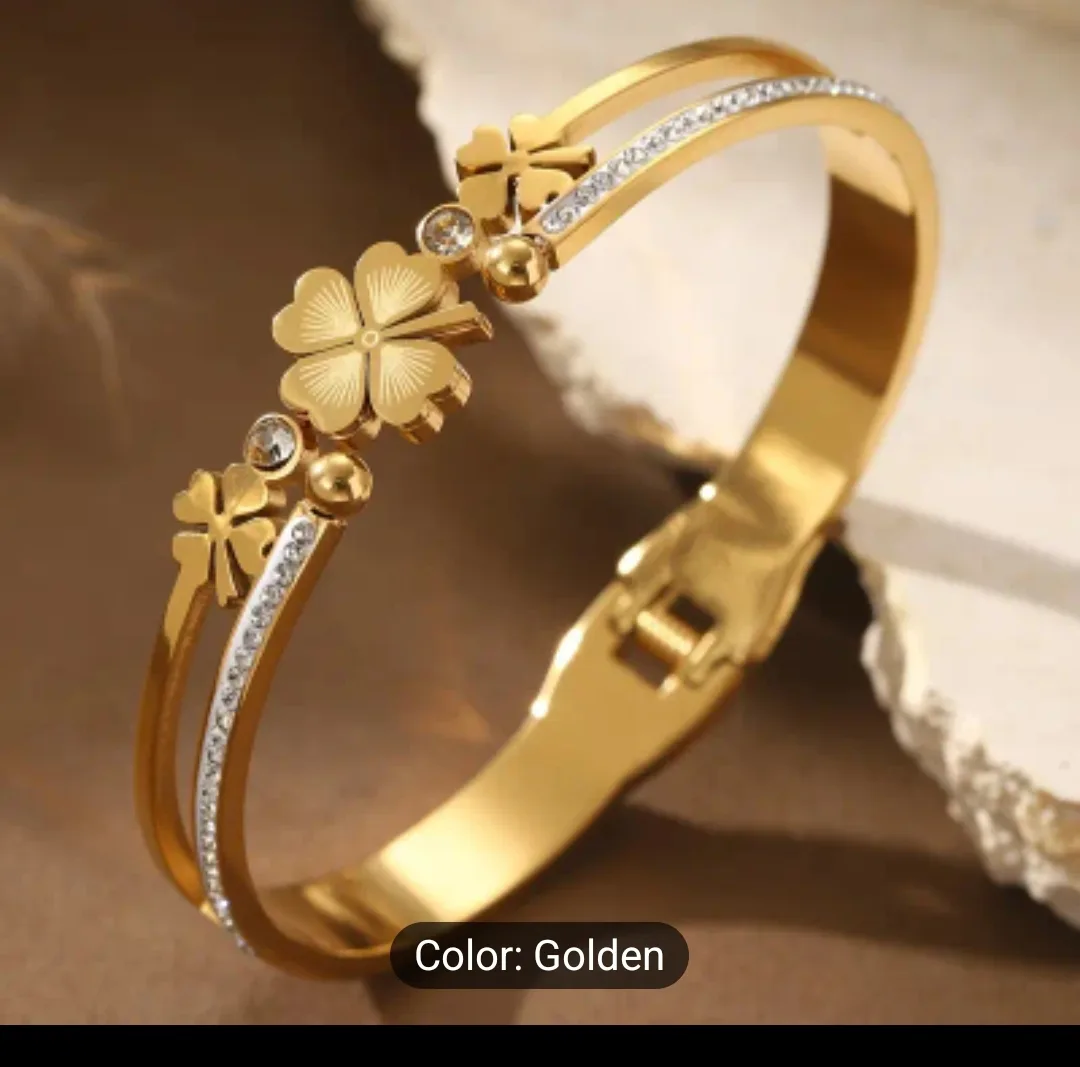 Gold Four Leaf Clover Bracelet with Cubic Zirconia thumbnail