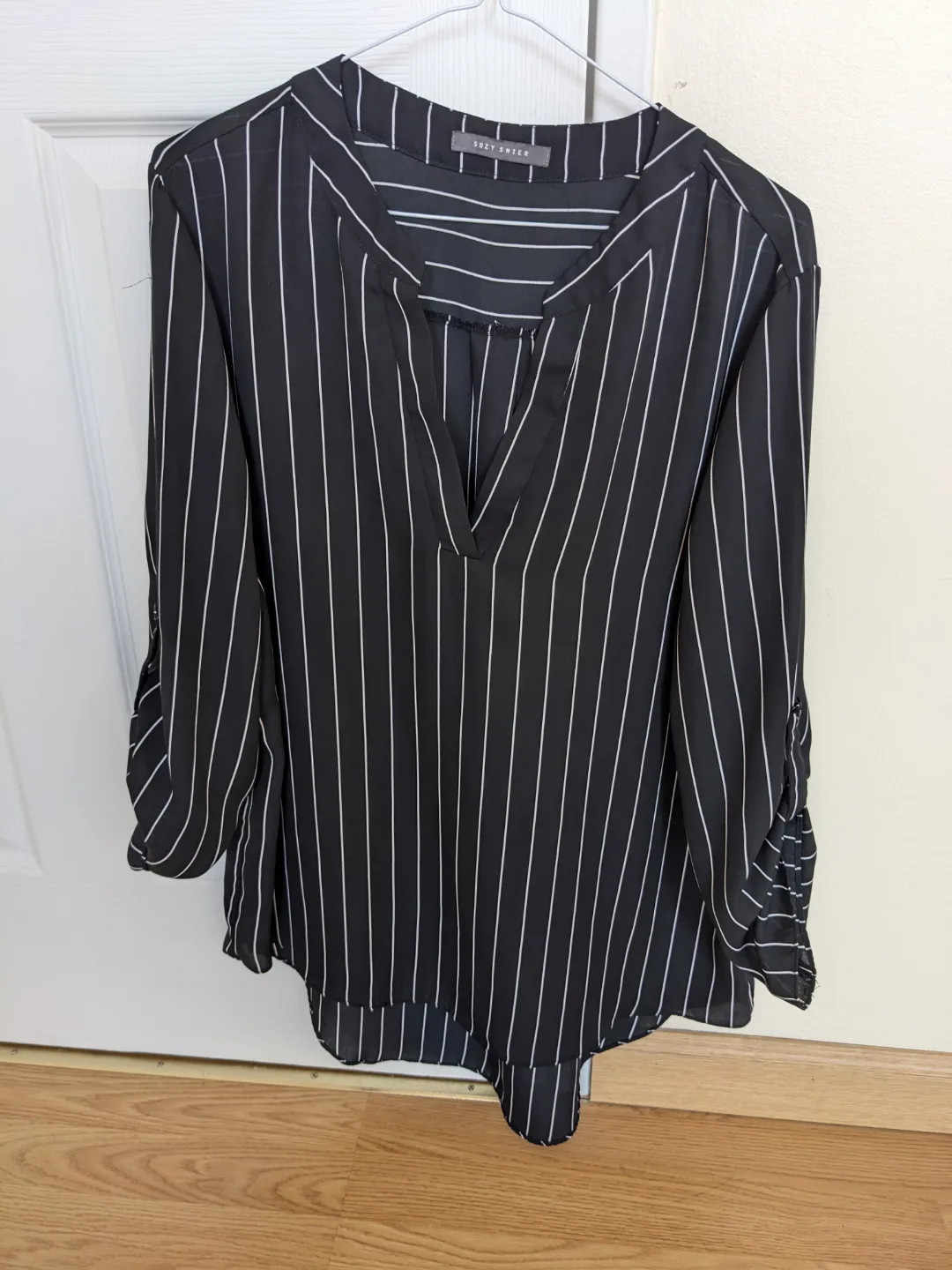 Suzy Shier Black and White Striped Blouse thumbnail