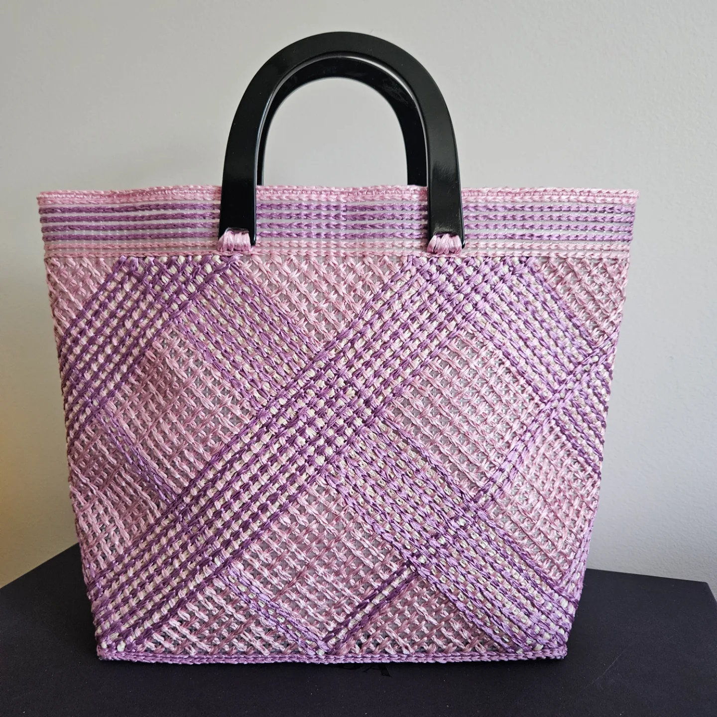 One of a kind  Purple Woven Tote Bag with Black Handles thumbnail
