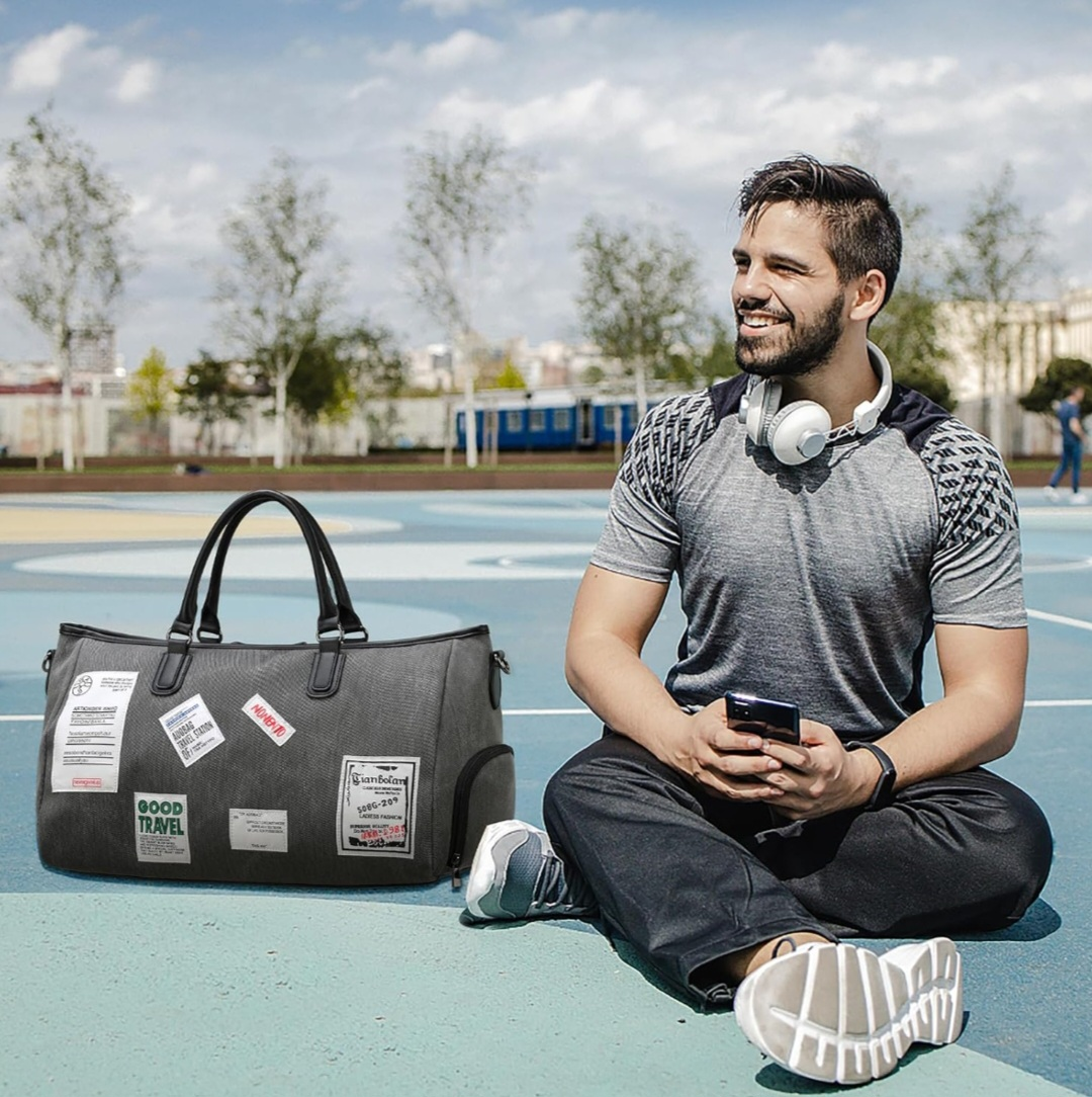 Grey Travel Duffle Bag with Multiple Pockets