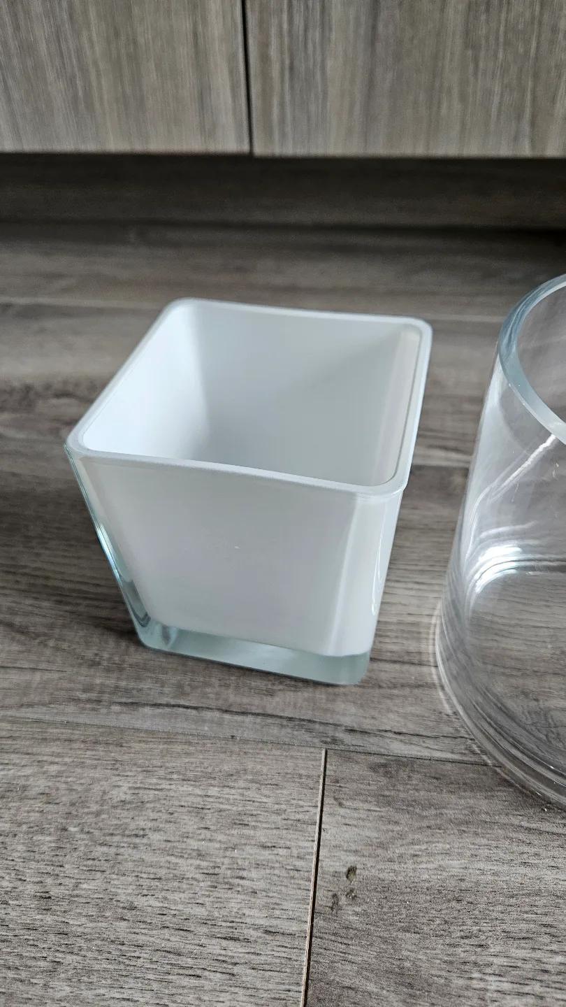 Two Decorative Glass Vases - Square White and Round Clear image indicator(3)