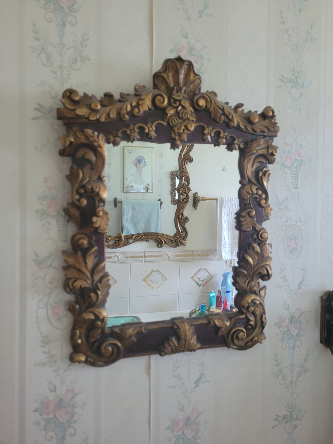 Ornate Antique Gold and Brown Wall Mirror