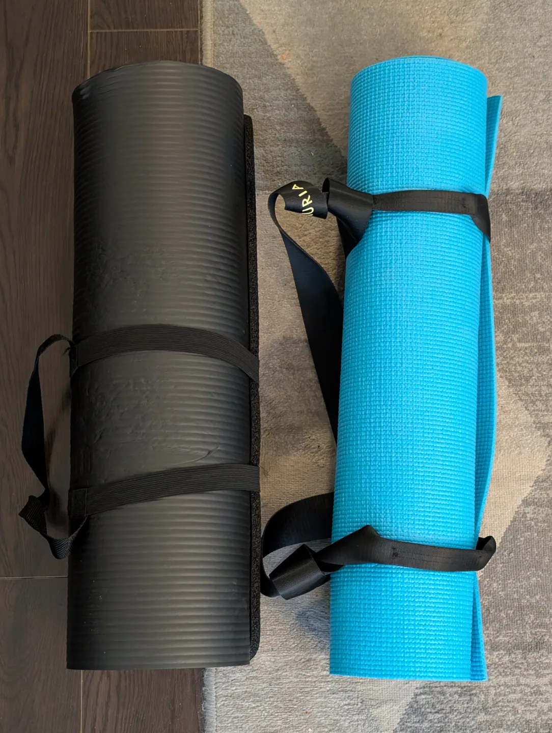 Two Yoga Mats with Straps - Black and Blue thumbnail