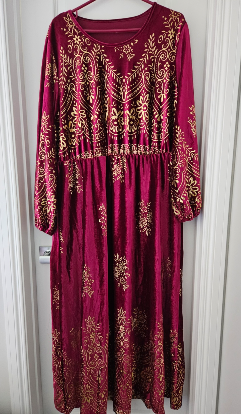Burgundy Velvet Maxi Dress with Gold Print