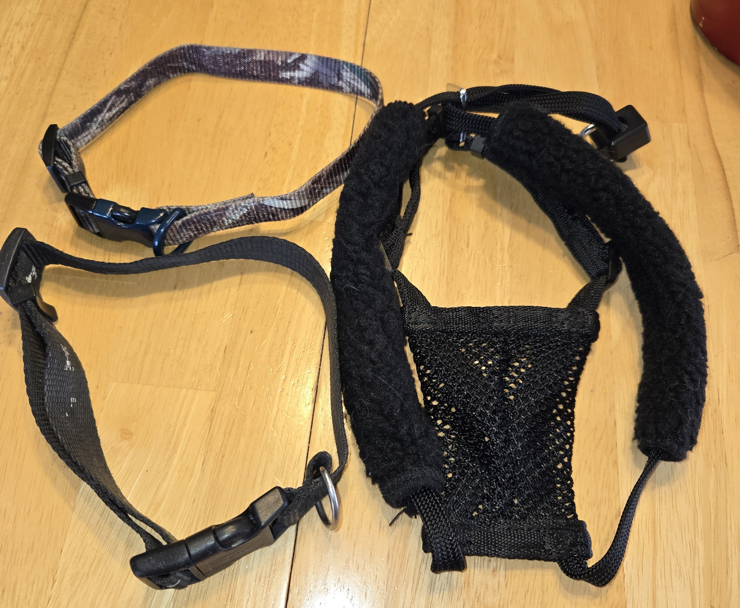 2 dog collers and a harness