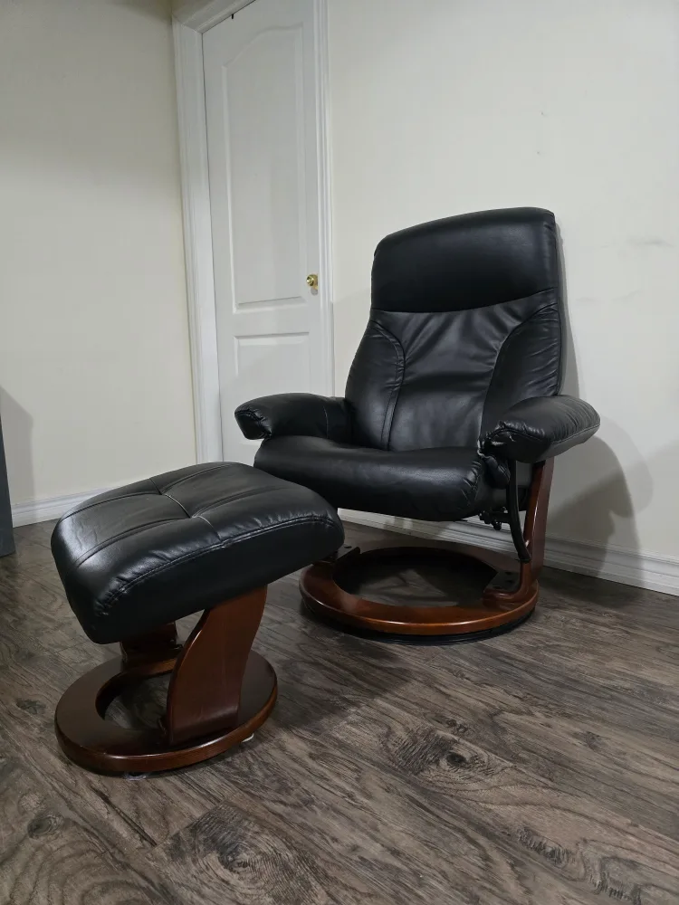 Recliner Chair and Ottoman Set - Black Leather