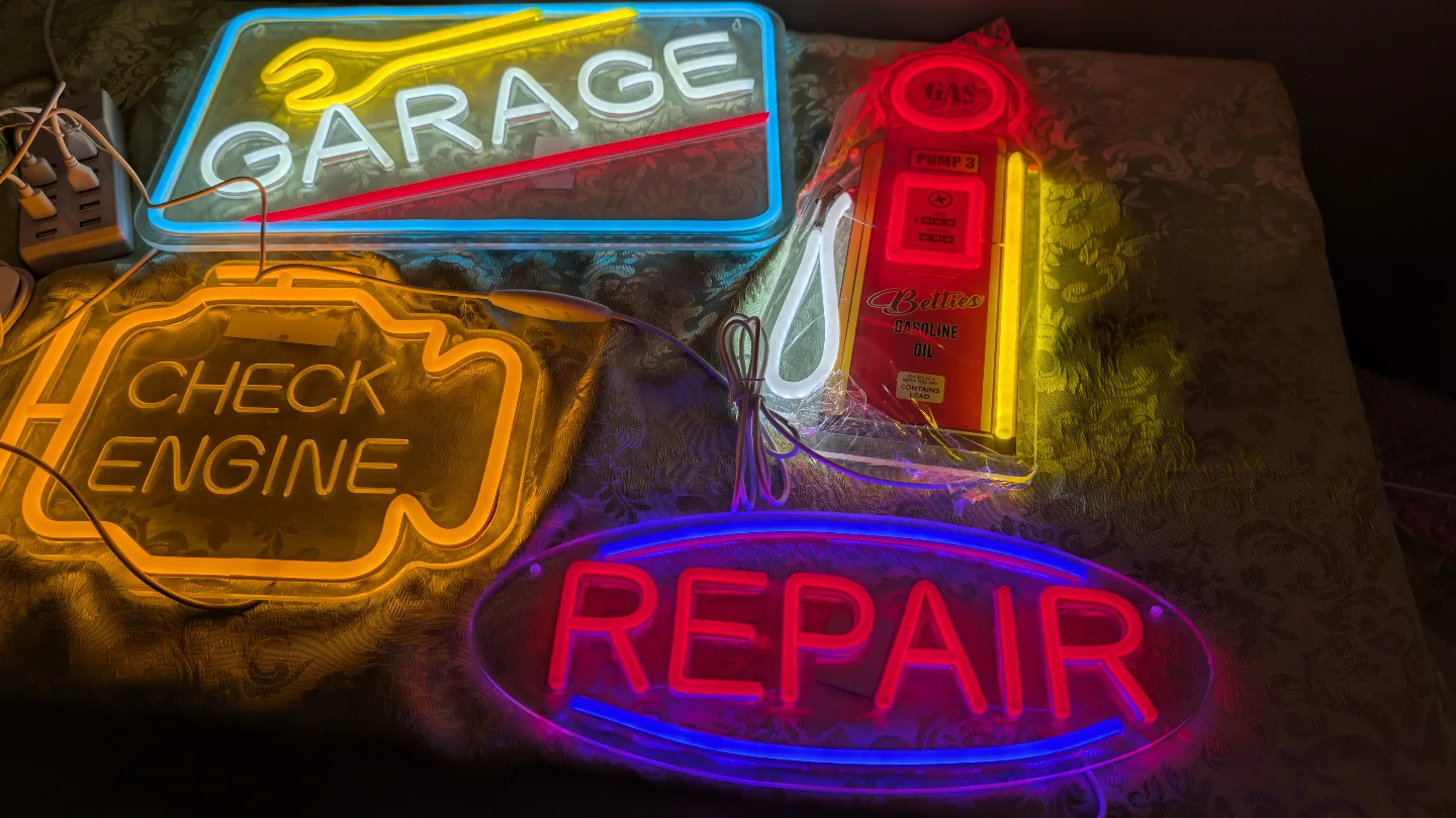 Set of 4 LED Neon Signs - Garage, Repair, Check Engine, Gas Pump thumbnail