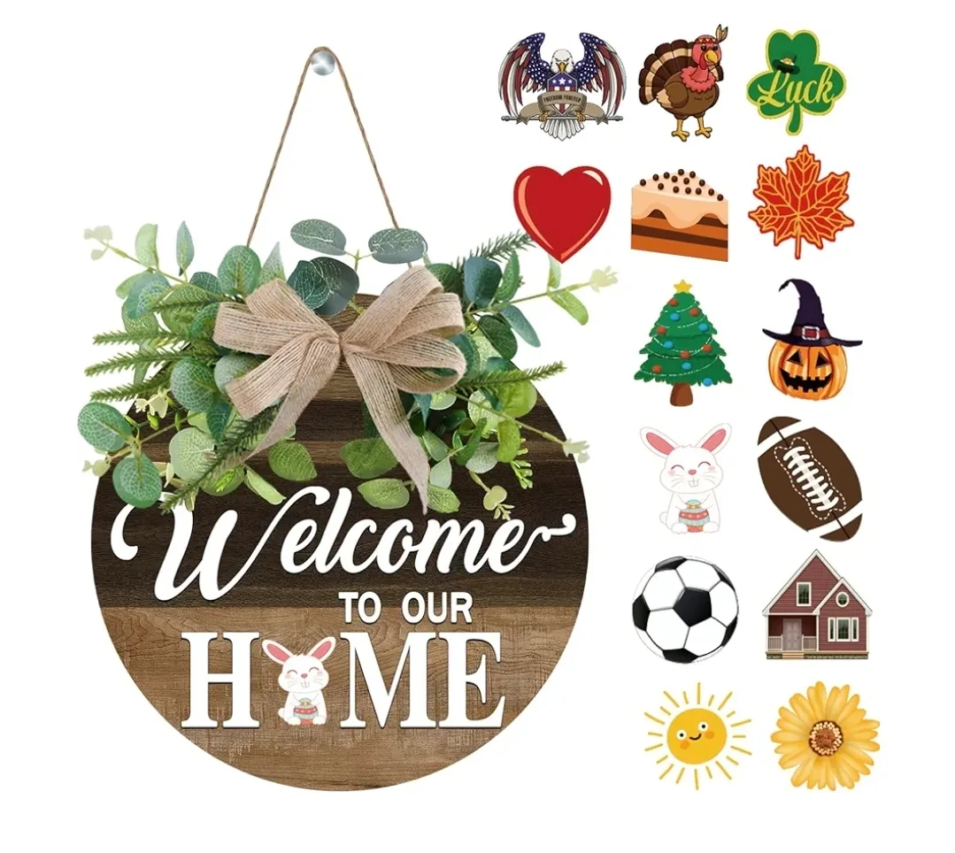 Seasonal Welcome Home Wooden Door Hanging Sign - 12 inch thumbnail