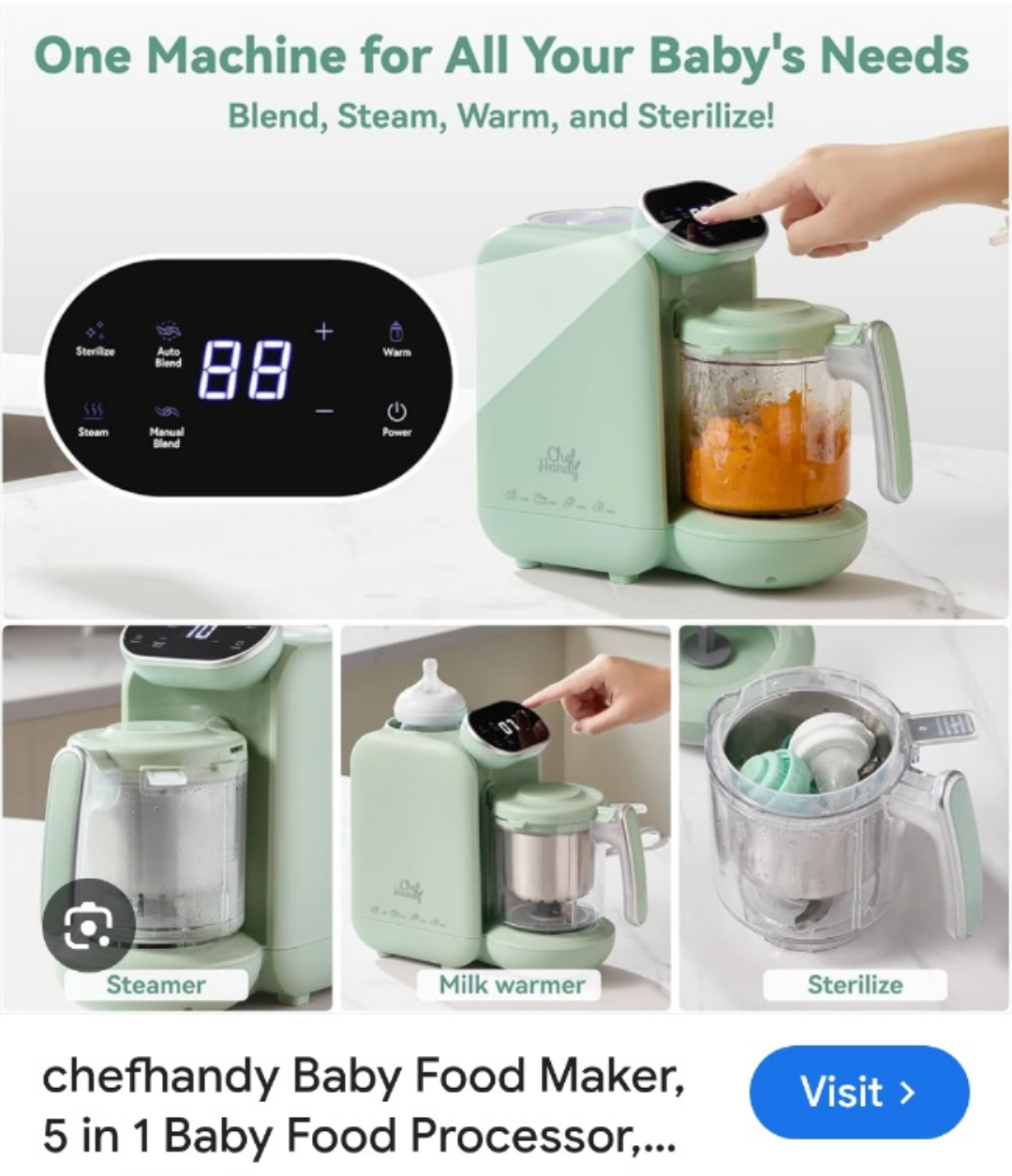 Chefhandy 5 in 1 Baby Food Processor - Mint Green - photo 4