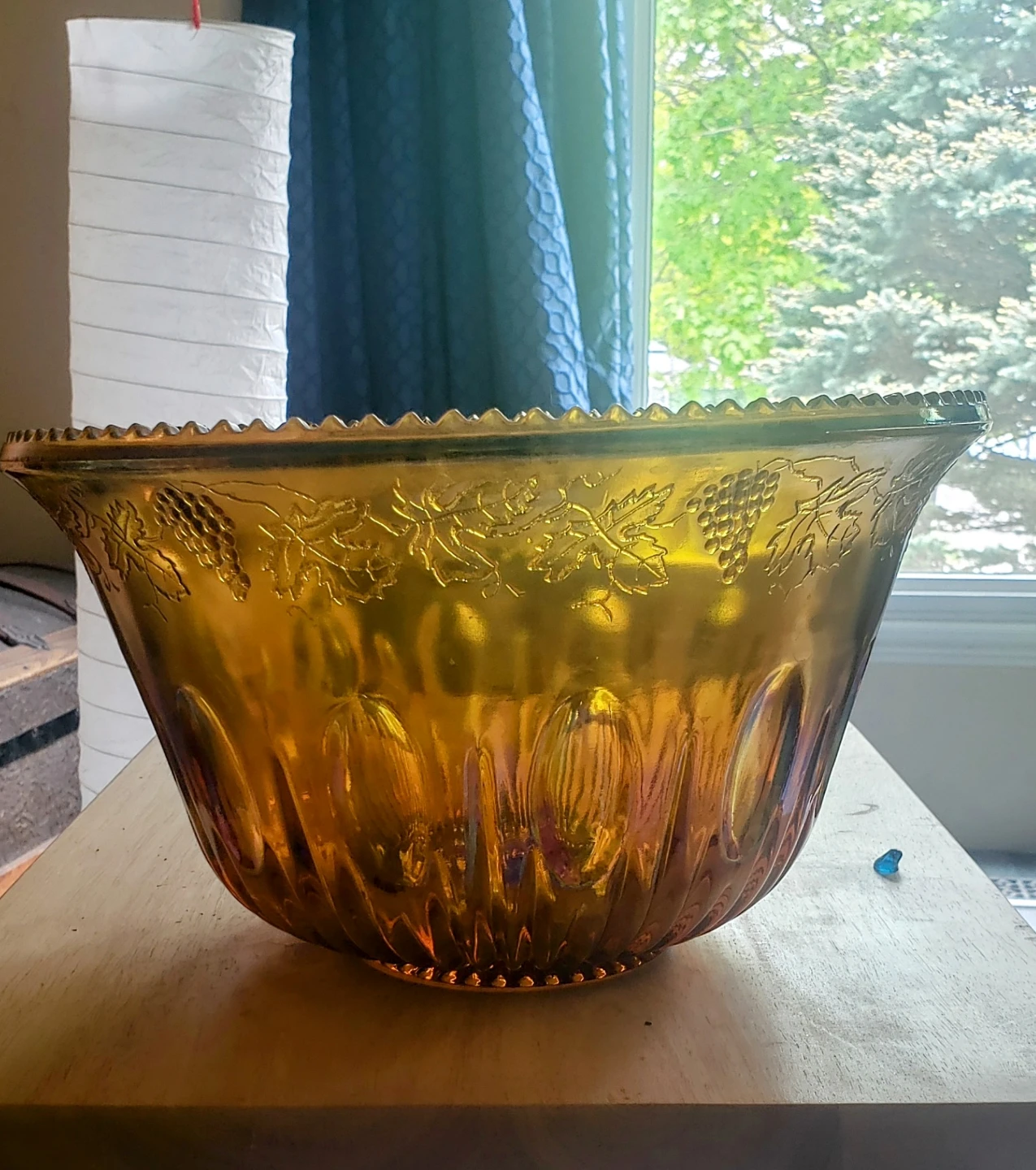 Vintage Amber Glass Punch Bowl with Grape Design