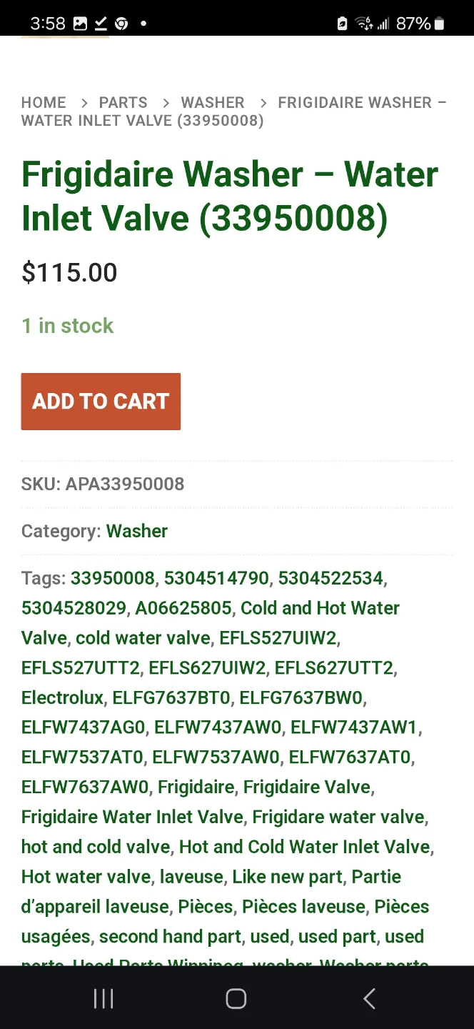 Frigidaire Washer Water Inlet Valve (33950008) thumbnail