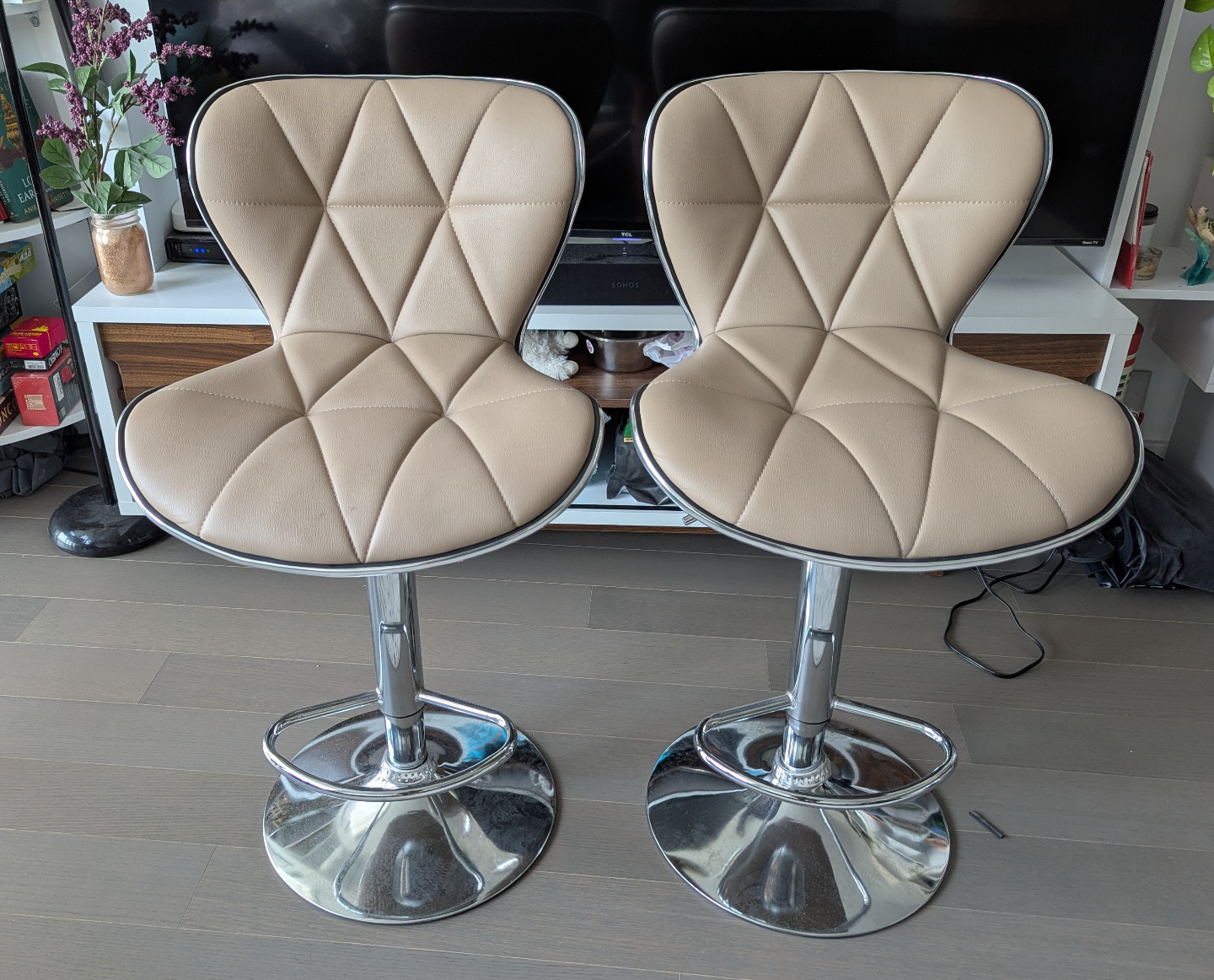 Pair of Beige Adjustable Bar Stools