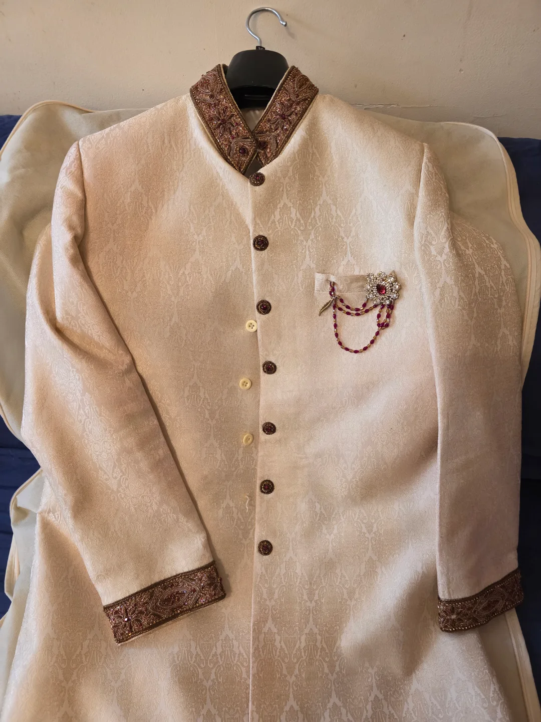 Men's Cream Sherwani with Maroon Embellishments thumbnail