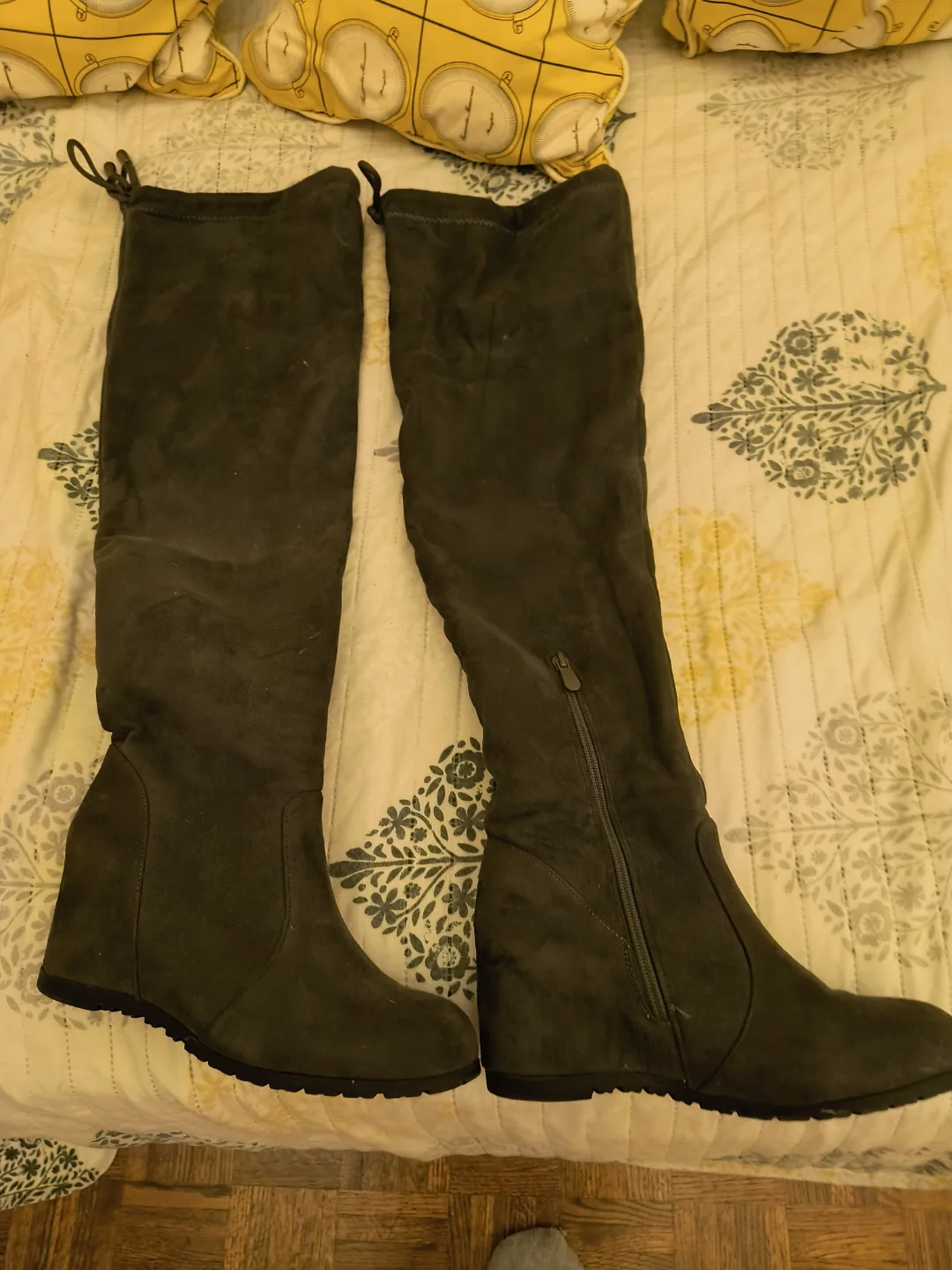 Grey Suede Over-the-Knee Wedge Boots thumbnail