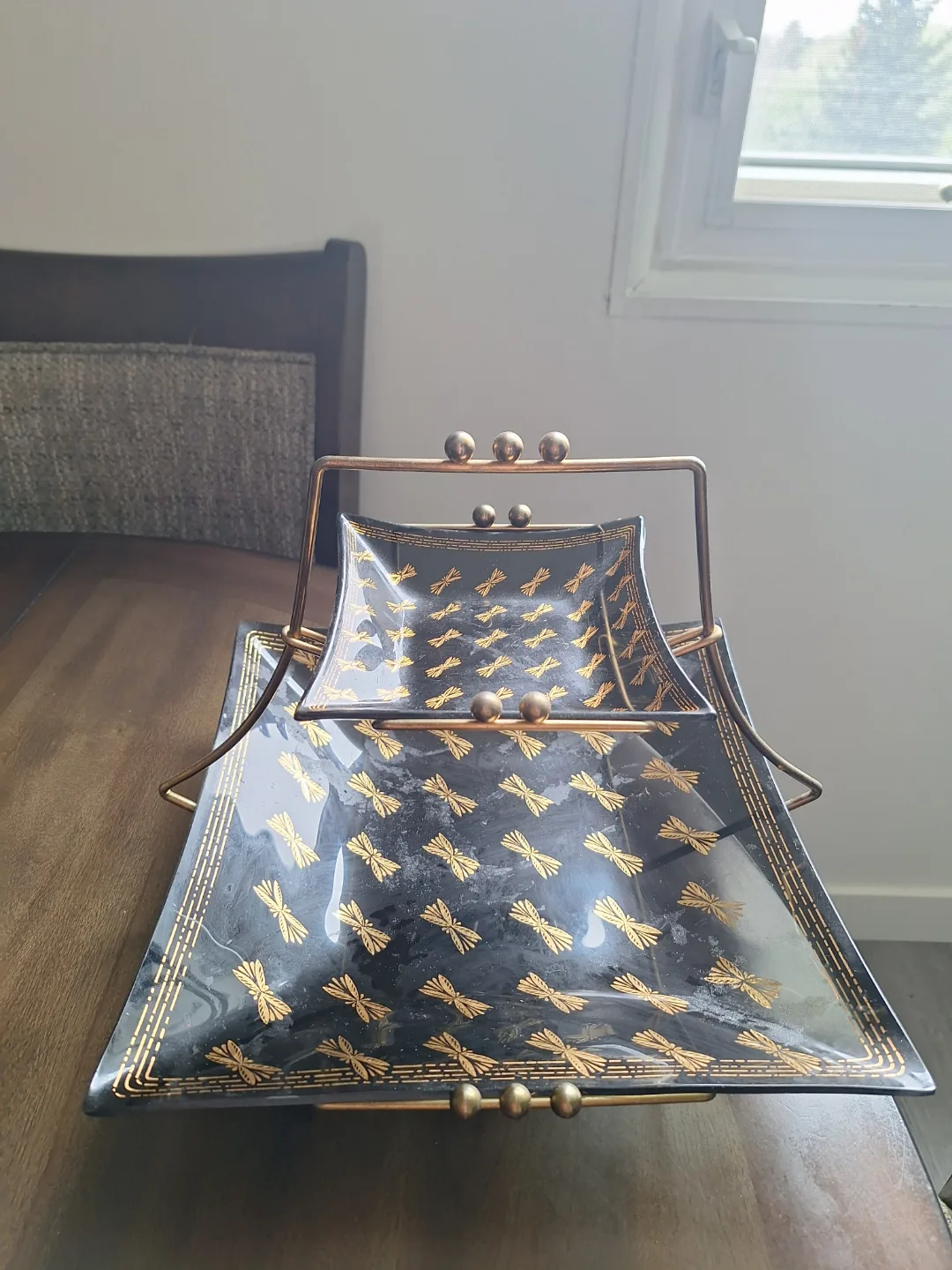 Vintage Two-Tiered Glass Serving Tray with Gold Accents thumbnail
