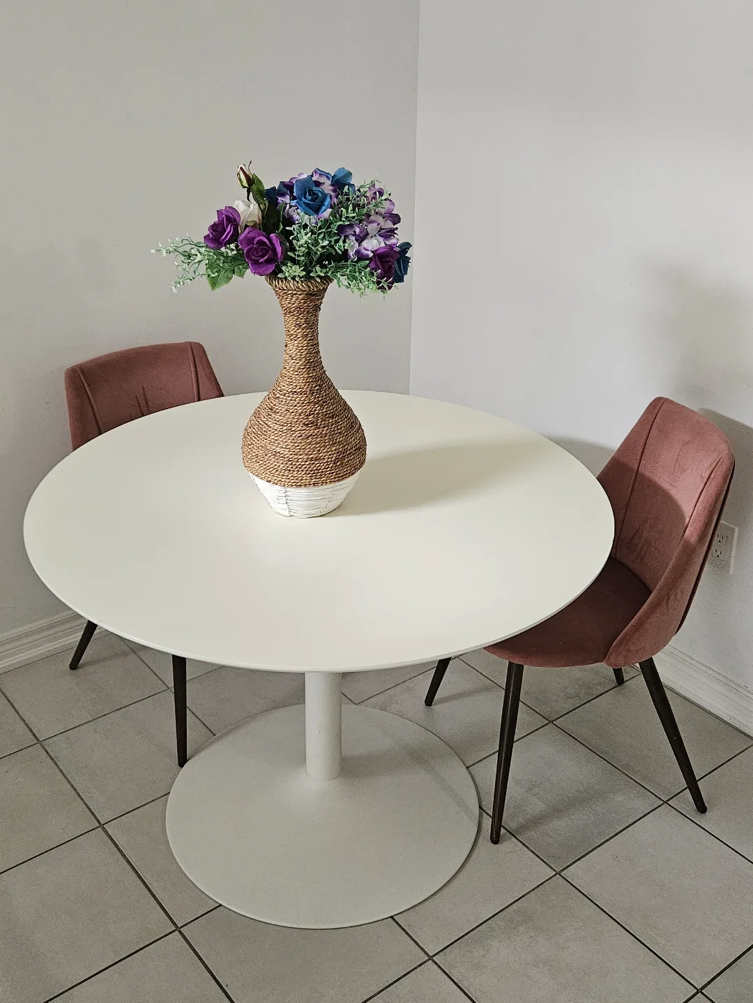 Pair of Pink Velvet Dining Chairs & Round White Table thumbnail