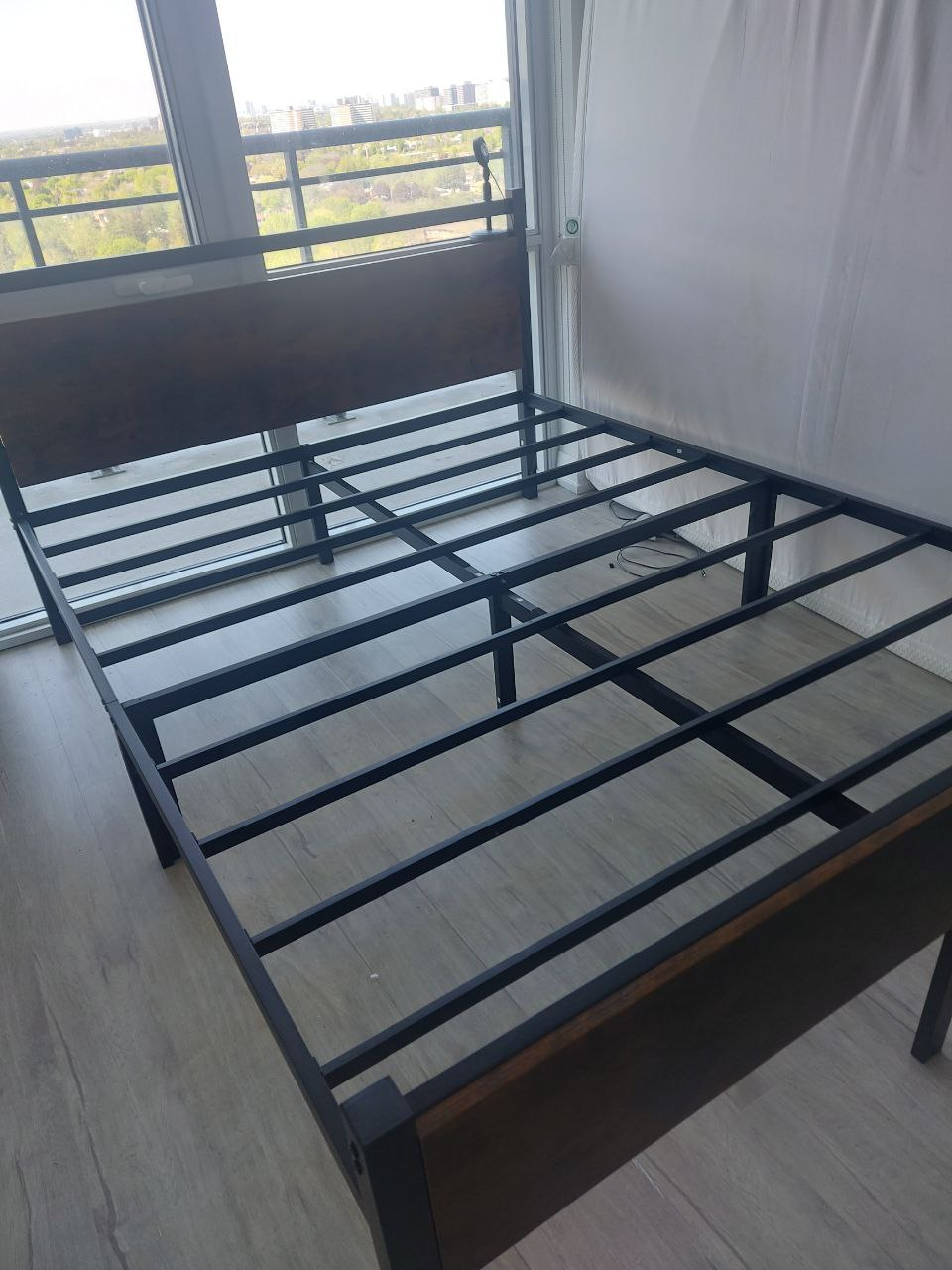 Queen Metal Bed Frame with Wooden Headboard