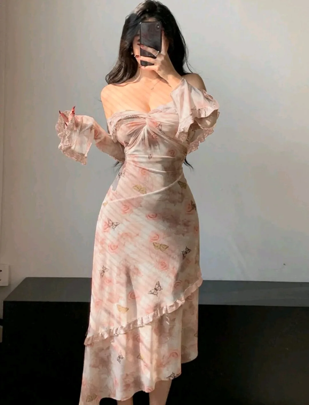Off-the-shoulder pink floral dress thumbnail